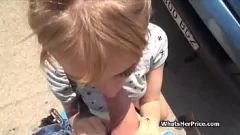 Play Busty inked blonde performs a wild blowjob and flashing show in public for money